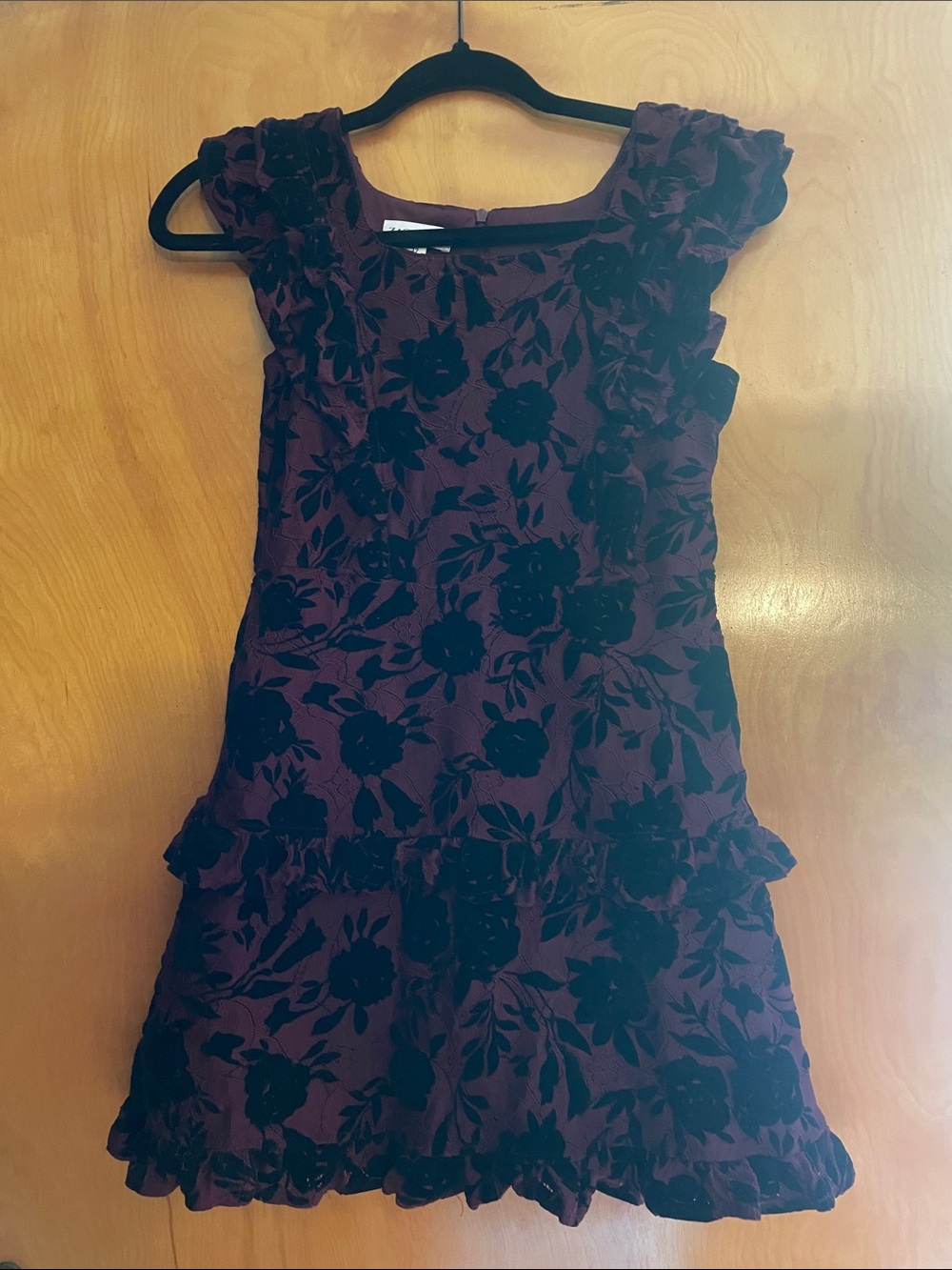 Zac Posen Burgundy and Black Floral Velvet Ruffle Dress. Kids size 12